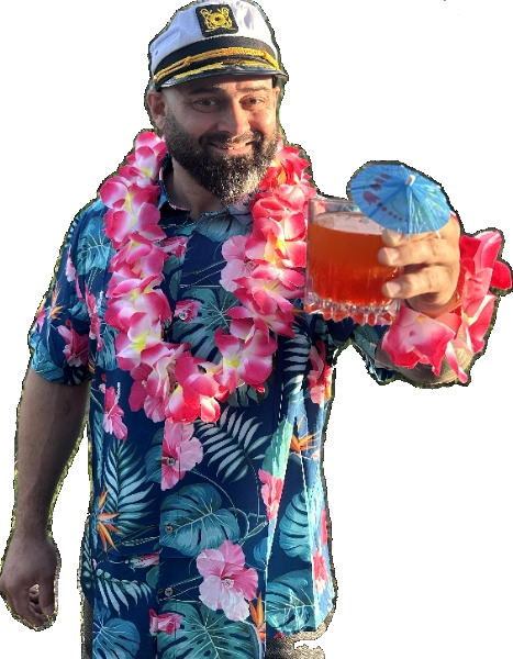 Jason as tour manager in Hawaiian shirt and captain's hat